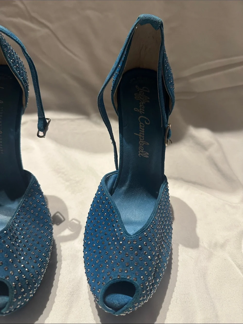 Jeffrey Campbell Teal Blue Crystal Peep-Toe Ankle Strap Heels